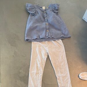 H&M Denim Blue Button-Up Top and Striped Leggings Set